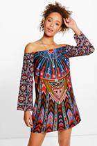 Boohoo Ishanvi Geo Placement Off The Shoulder Shift Dress Multi