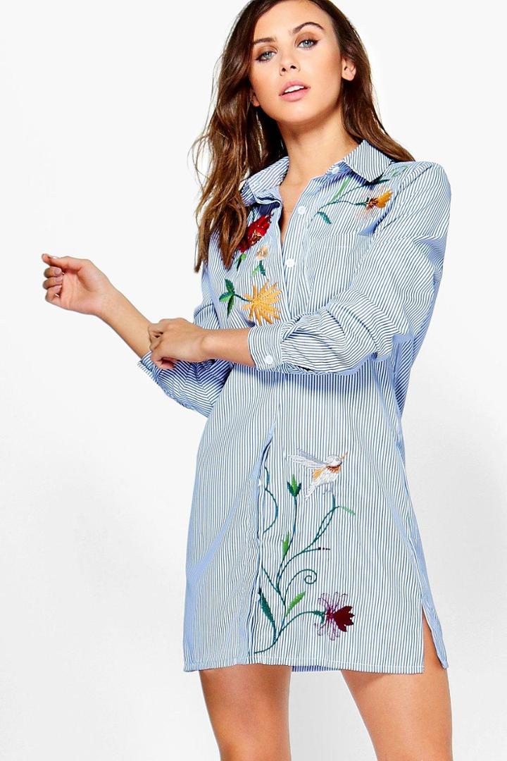 Boohoo Petite Tanya Embroidered Stripe Shirt Dress Blue