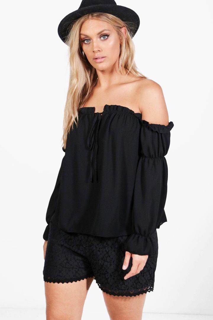 Boohoo Plus Marissa Ruffle Detail Off The Shoulder Top Black