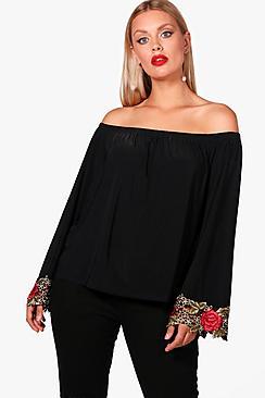 Boohoo Plus Emma Embroidered Off Shoulder Top