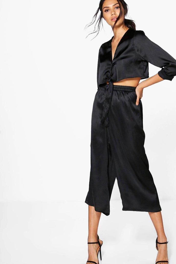 Boohoo Rose Satin Tie Shirt & Culotte Co-ord Black