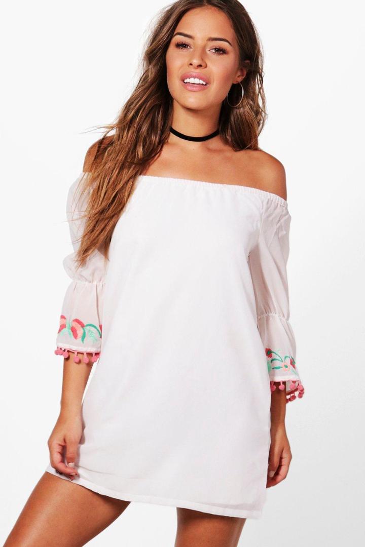 Boohoo Petite Livi Off Shoulder Embroidered Shift Dress White