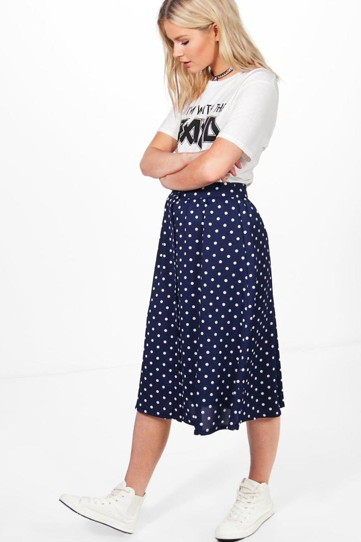 Boohoo Graciela Polka Dot Pocket Side Midi Skirt Navy