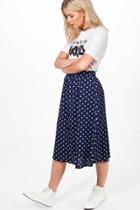 Boohoo Graciela Polka Dot Pocket Side Midi Skirt Navy