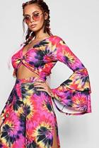 Boohoo Sara Tie Dye Knot Front Flared Sleeve Crop Top