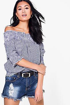 Boohoo Georgia Gingham Shirred Bardot Top