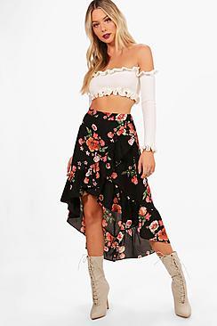 Boohoo Adeline Woven Ruffle & Wrap Floral Midi Skirt