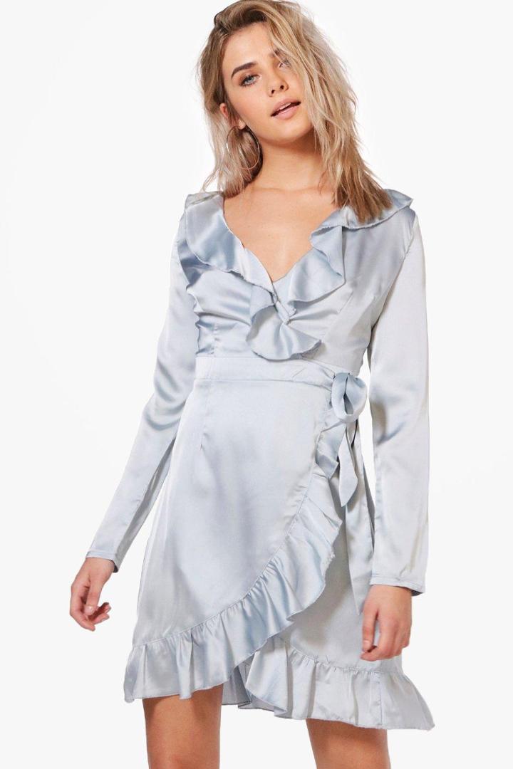 Boohoo Arivina Satin Frill Sleeved Skater Dress Sky