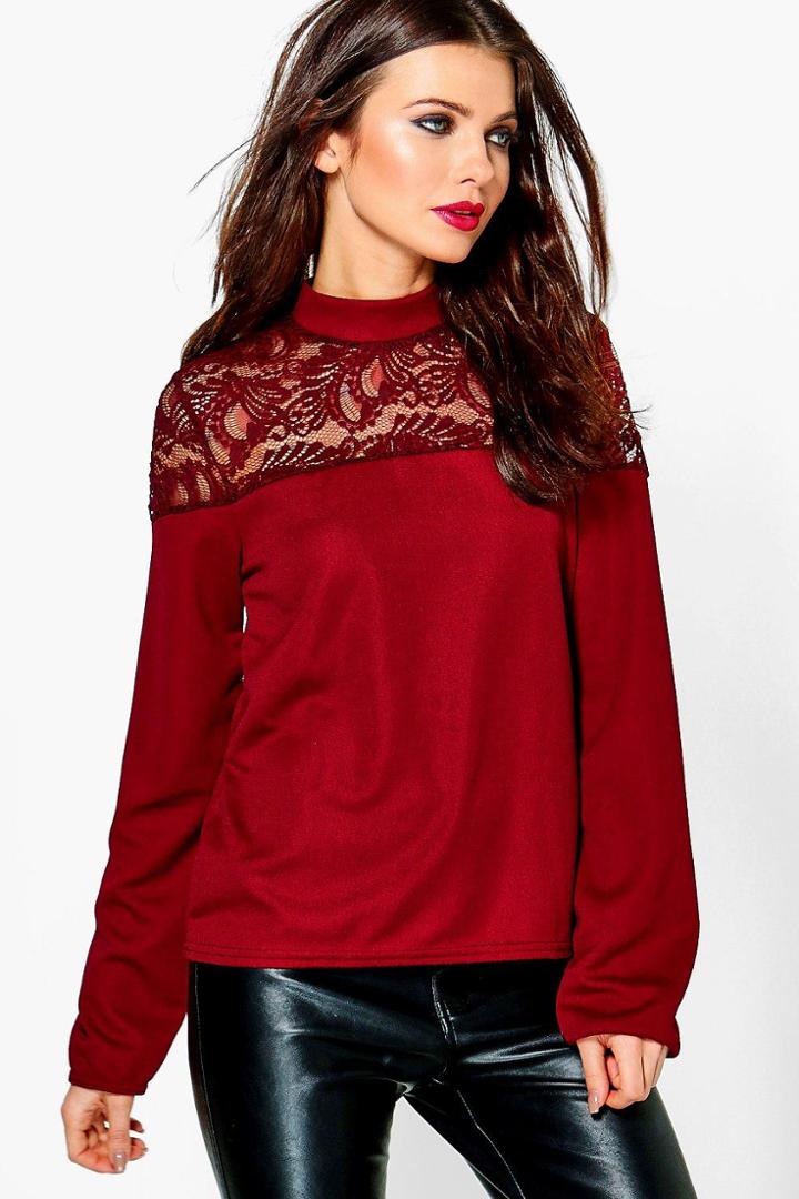 Boohoo Stella Lace Insert Long Sleeve Top Wine