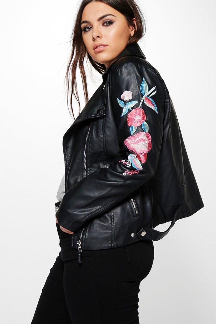 Boohoo Plus Sadie Embroidered Biker Jacket Black