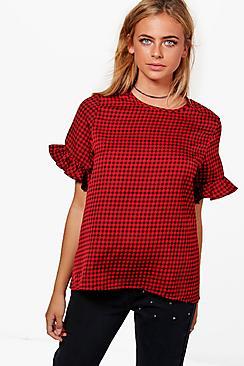 Boohoo Ella Woven Check Ruffle Sleeve Swing Top