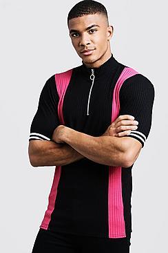 Boohoo Ribbed Knitted Polo With Zip