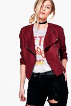 Boohoo Petite Caroline Suedette Biker Jacket Berry