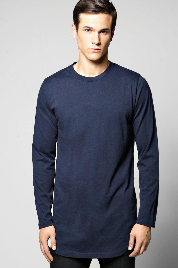 Boohoo Long Sleeve Longline T Shirt With Scoop Hem Navy