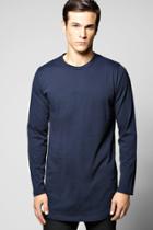 Boohoo Long Sleeve Longline T Shirt With Scoop Hem Navy