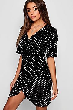 Boohoo Ruffle Front Polka Dot Tea Dress