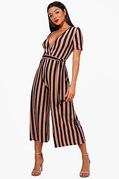 Boohoo Brie Wrap Front Stripe Culotte Jumpsuit