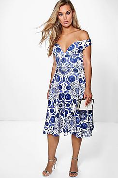 Boohoo Plus Leah Floral Bardot Midi Dress