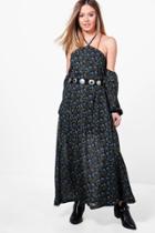 Boohoo Petite Iris Floral Print Open Shoulder Maxi Dress Black