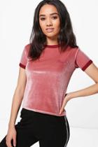 Boohoo Petite Sara Velvet Slogan Ringer Tee Blush