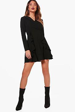 Boohoo Angie Ruffle Front Collared Shirt Dress