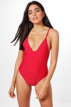 Boohoo Miami Low Back High Leg Bathing Suit Red