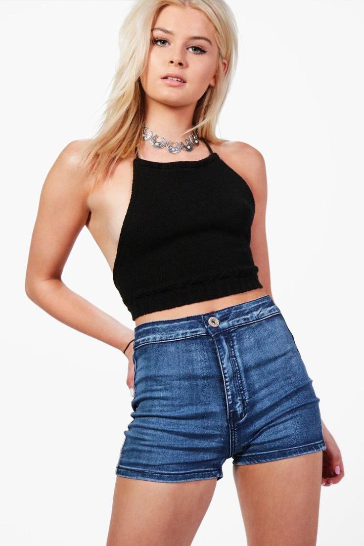 Boohoo Rosie Acid Wash Denim Tube Shorts Blue