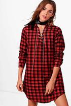 Boohoo Ellie Checked Lace Up Chain Shirt Dress