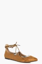 Boohoo Zoe Floral Trim Tie Lace Up Pointed Flat Beige