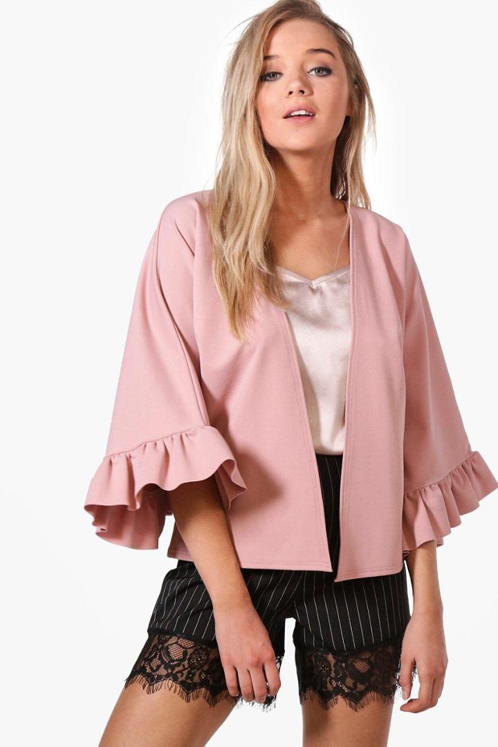 Boohoo Tanya Frill Sleeve Edge To Edge Jacket Mauve