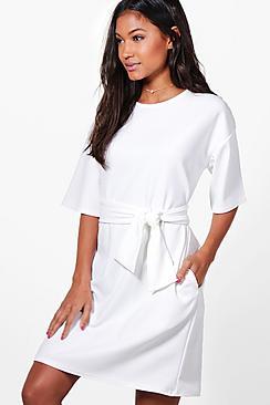 Boohoo Liv Structured Tie Belt Waist Shift Dress