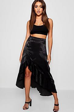 Boohoo Satin Ruffle Thigh Split Maxi Skirt