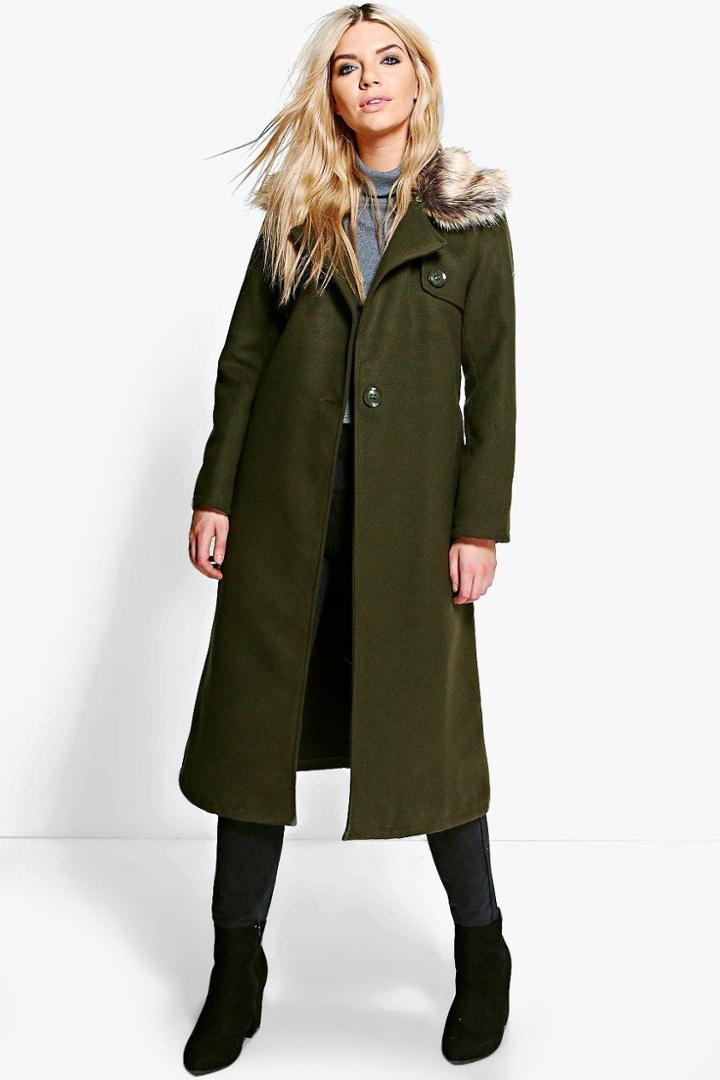 Boohoo Emily Faux Fur Collar Wool Look Coat Khaki