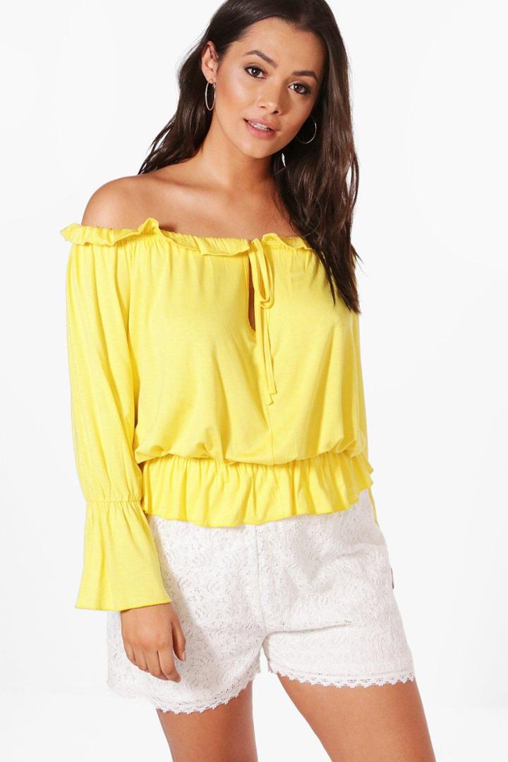 Boohoo Plus Emma Front Tie Off The Shoulder Top Yellow