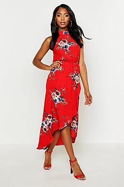 Boohoo Woven Rose High Neck Midaxi Dress