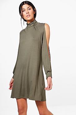 Boohoo Hedda High Neck Split Sleeve Swing Dress