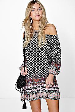 Boohoo Davila Border Print Off The Shoulder Dress