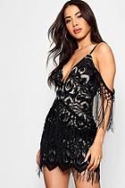 Boohoo Em Tassel And Lace Cold Shoulder Bodycon Dress