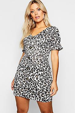 Boohoo Plus Leopard Printed Horn Button Frill Dress