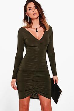 Boohoo Pam Slinky Ruched Long Sleeve Bodycon Dress