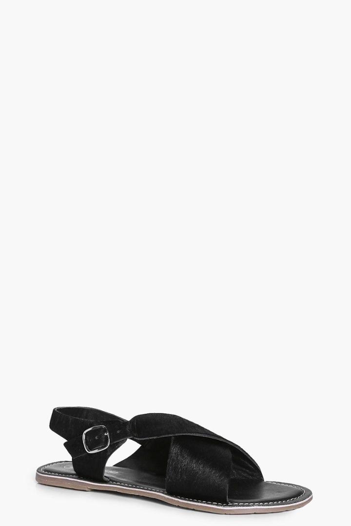 Boohoo Leah Pony Hair Cross Strap Peeptoe Sandal Black