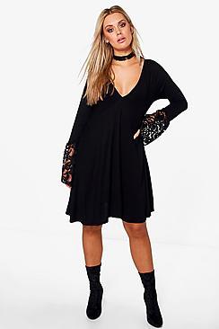 Boohoo Plus Lara Plunge Lace Detail Skater Dress