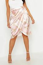 Boohoo Plus Satin Scarf Print Wrap Tie Midi Skirt