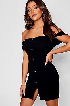 Boohoo Off Shoulder Button Down Bodycon Dress