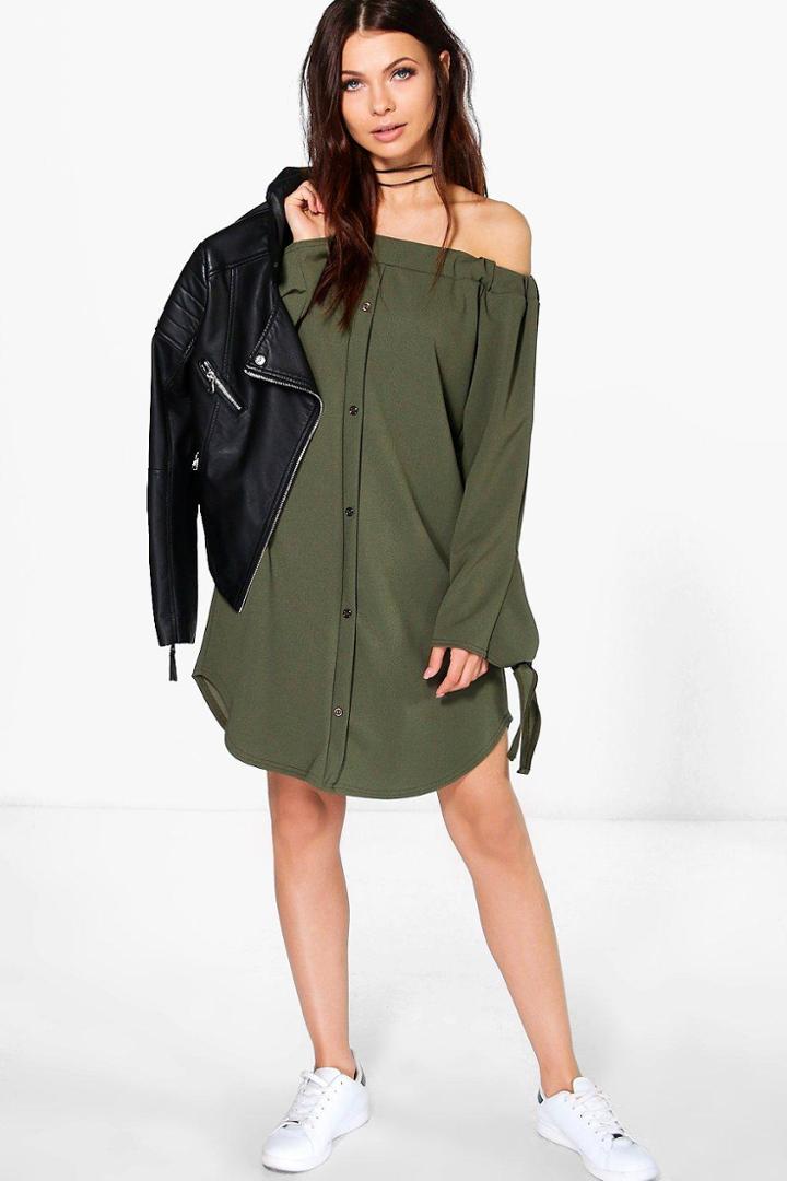 Boohoo Amelie Off Shoulder Tie Sleeve Shift Dress Khaki