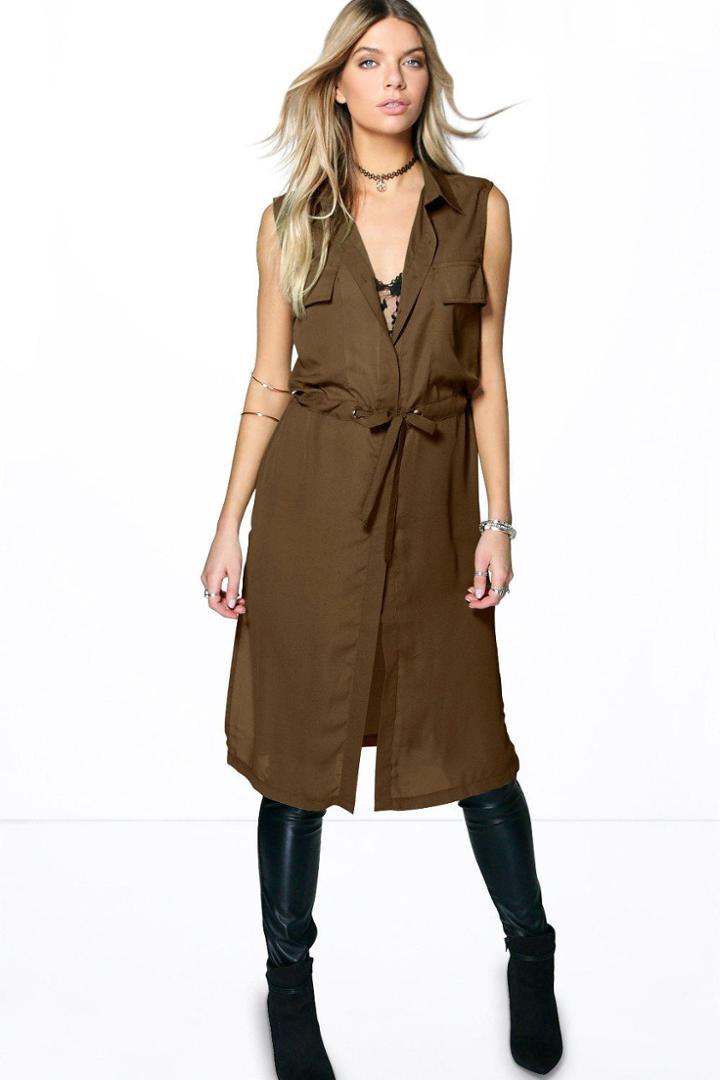Boohoo Celina Sleeveless Tie Waist Long Shirt Khaki