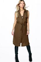 Boohoo Celina Sleeveless Tie Waist Long Shirt Khaki