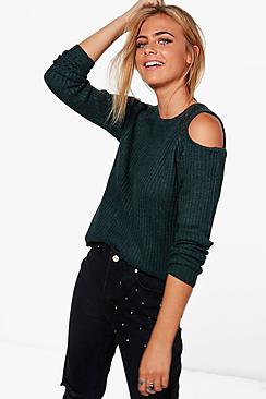 Boohoo Maria Cold Shoulder Rib Knit Jumper