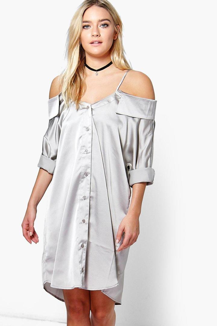 Boohoo Jackie Off Shoulder Collar Shirt Dress Dove