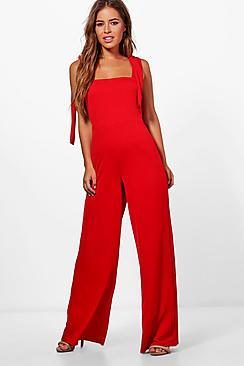 Boohoo Petite Willow Tie Detail Wide Leg Jumpsuit